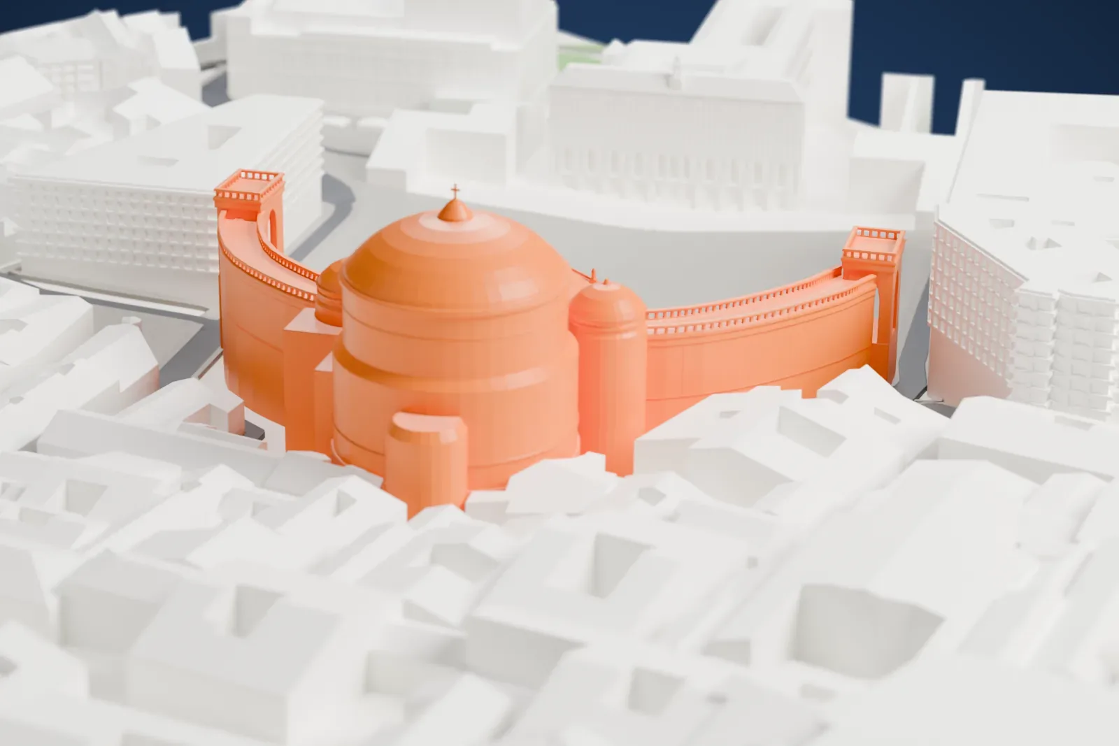 A white 3D print of San Francesco di Paola among the surrounding streets and buildings.