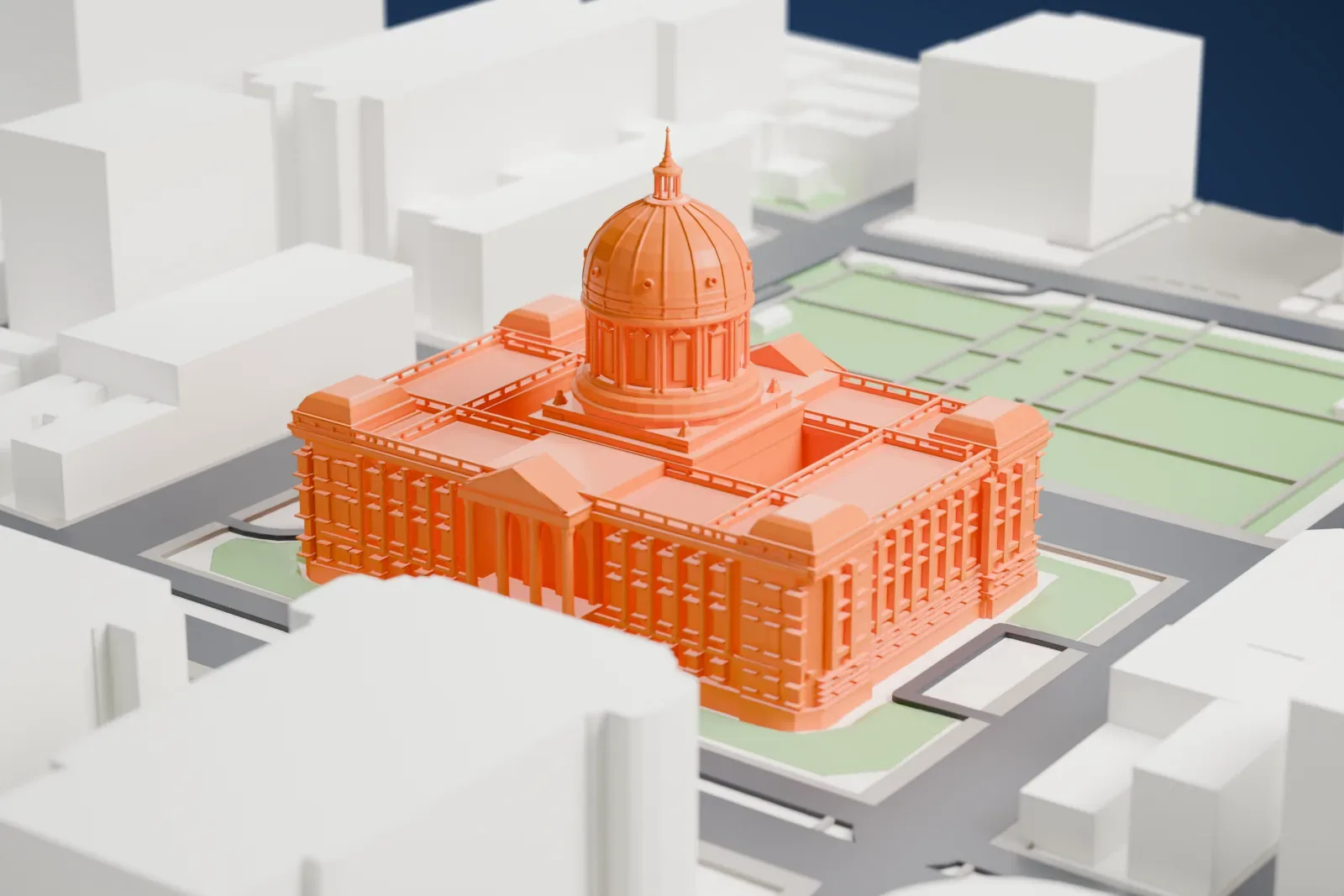 A white 3D print of San Francisco City Hall, a long symmetrical Beaux-Arts block with a tall dome at its center, standing among the surrounding streets and buildings of the Civic Center.
