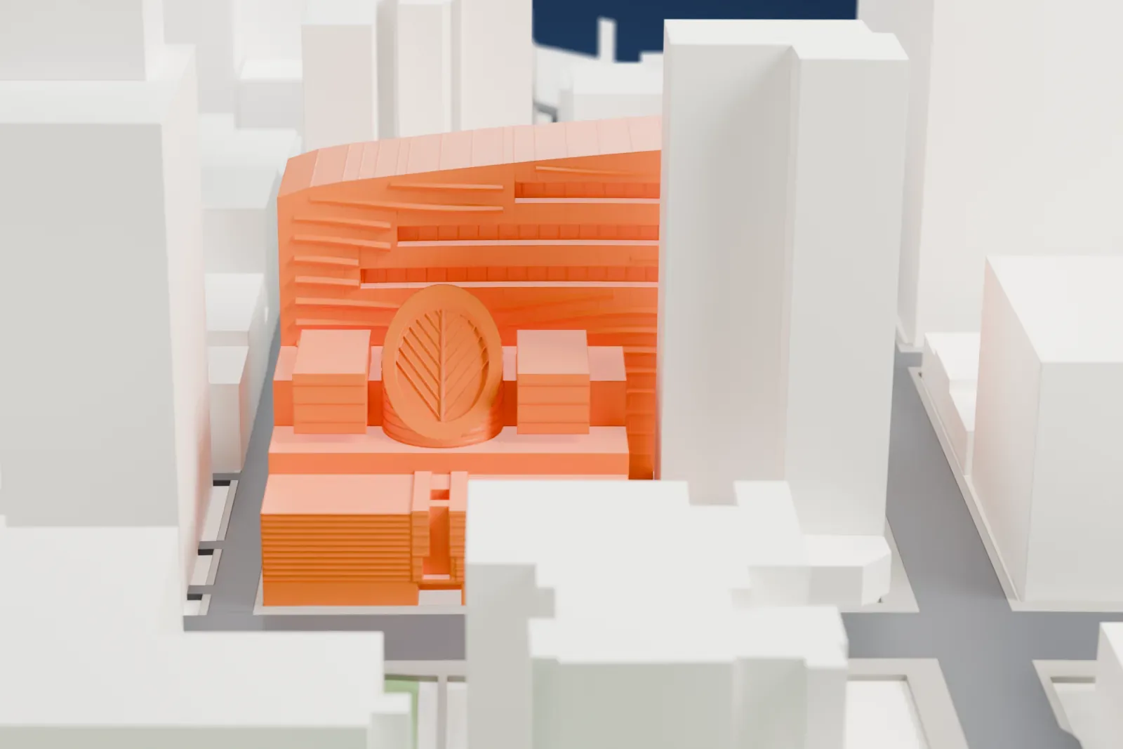 A white 3D print of the San Francisco Museum of Modern Art as a broad block among the surrounding streets and buildings of the city.