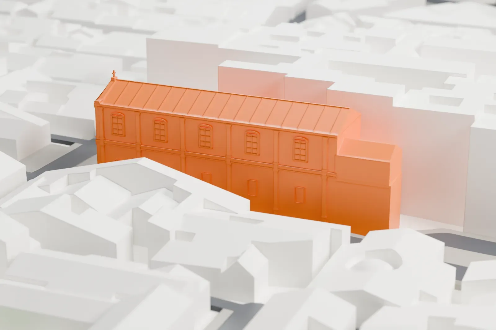 A white 3D print of San Giorgio Maggiore, a basilica standing in a block of Naples streets and buildings.