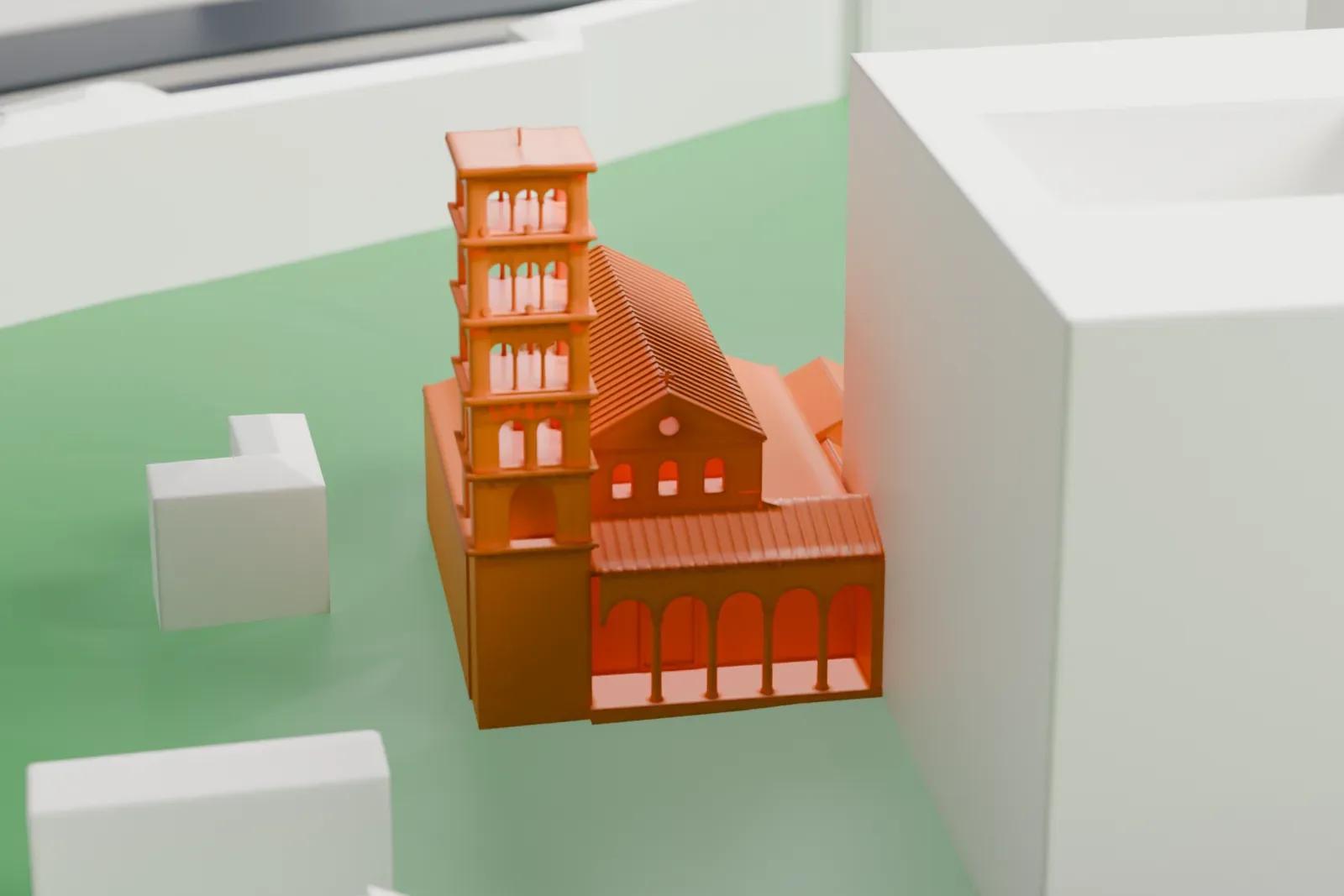A white 3D print of San Giovanni a Porta Latina among surrounding streets and buildings.