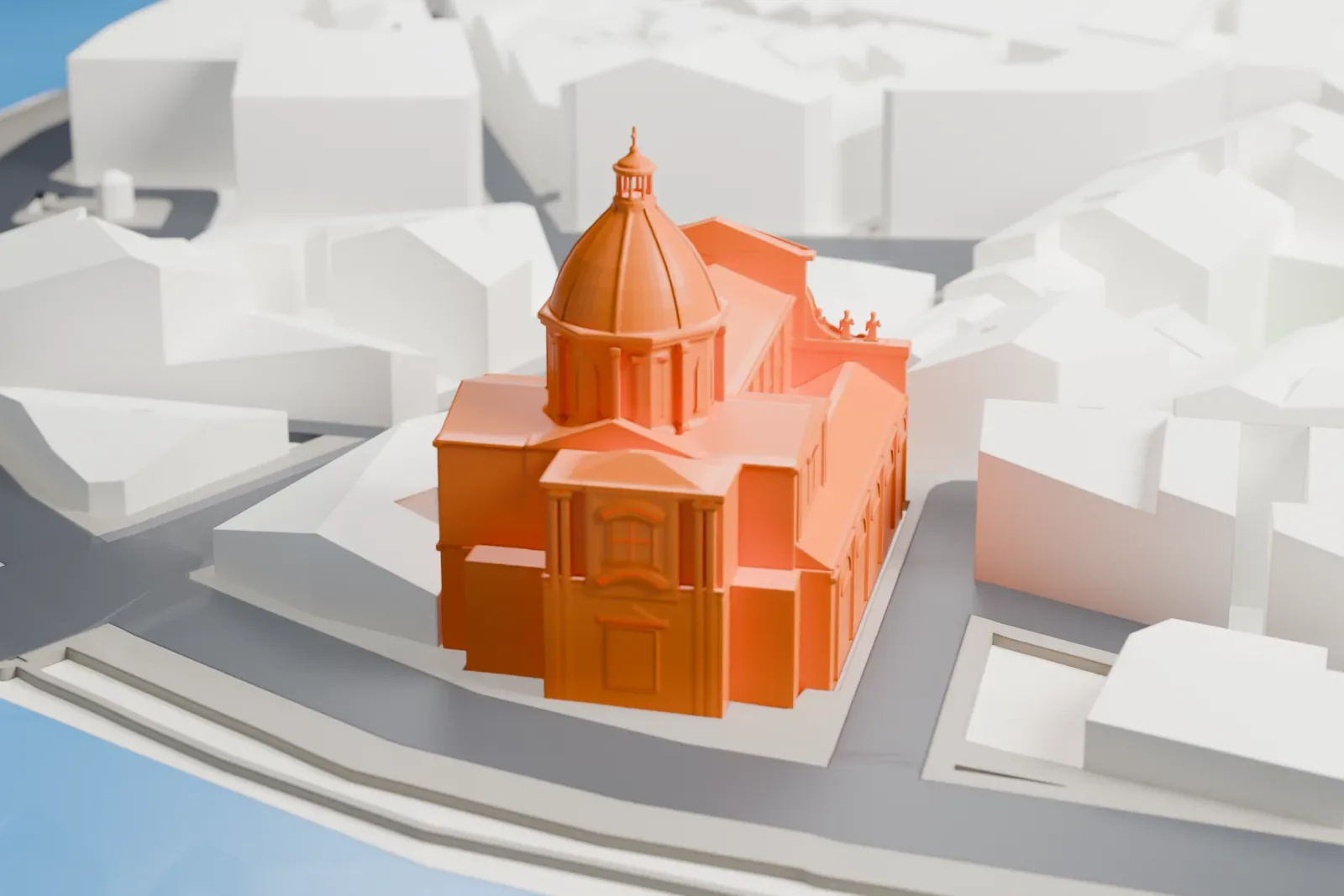 A white 3D print of San Giovanni dei Fiorentini, its dome and facade standing among the surrounding streets and buildings.