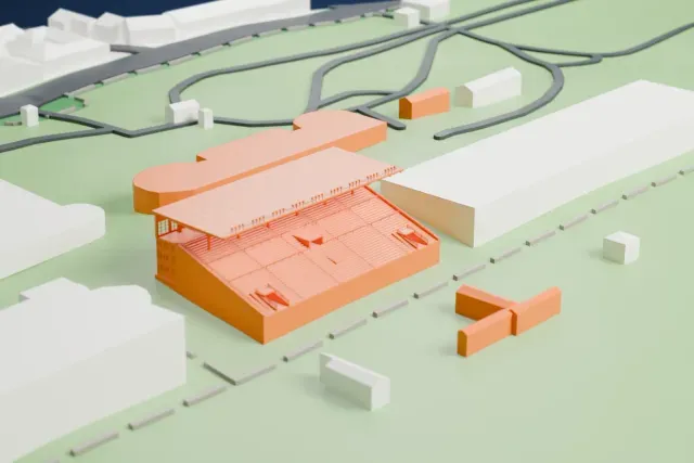 A white 3D print of the Hipódromo de San Isidro Northeast Grandstand model in Buenos Aires, with the streets around it.