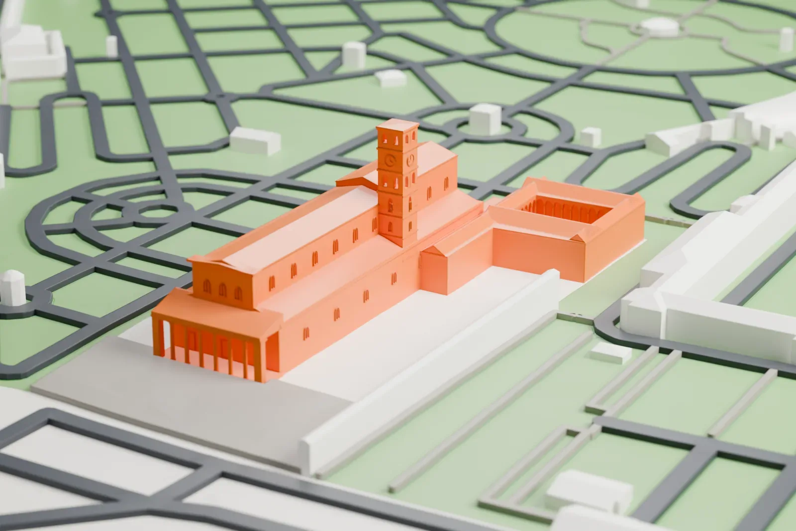A white 3D print of San Lorenzo fuori le mura among the surrounding streets and buildings in Rome.
