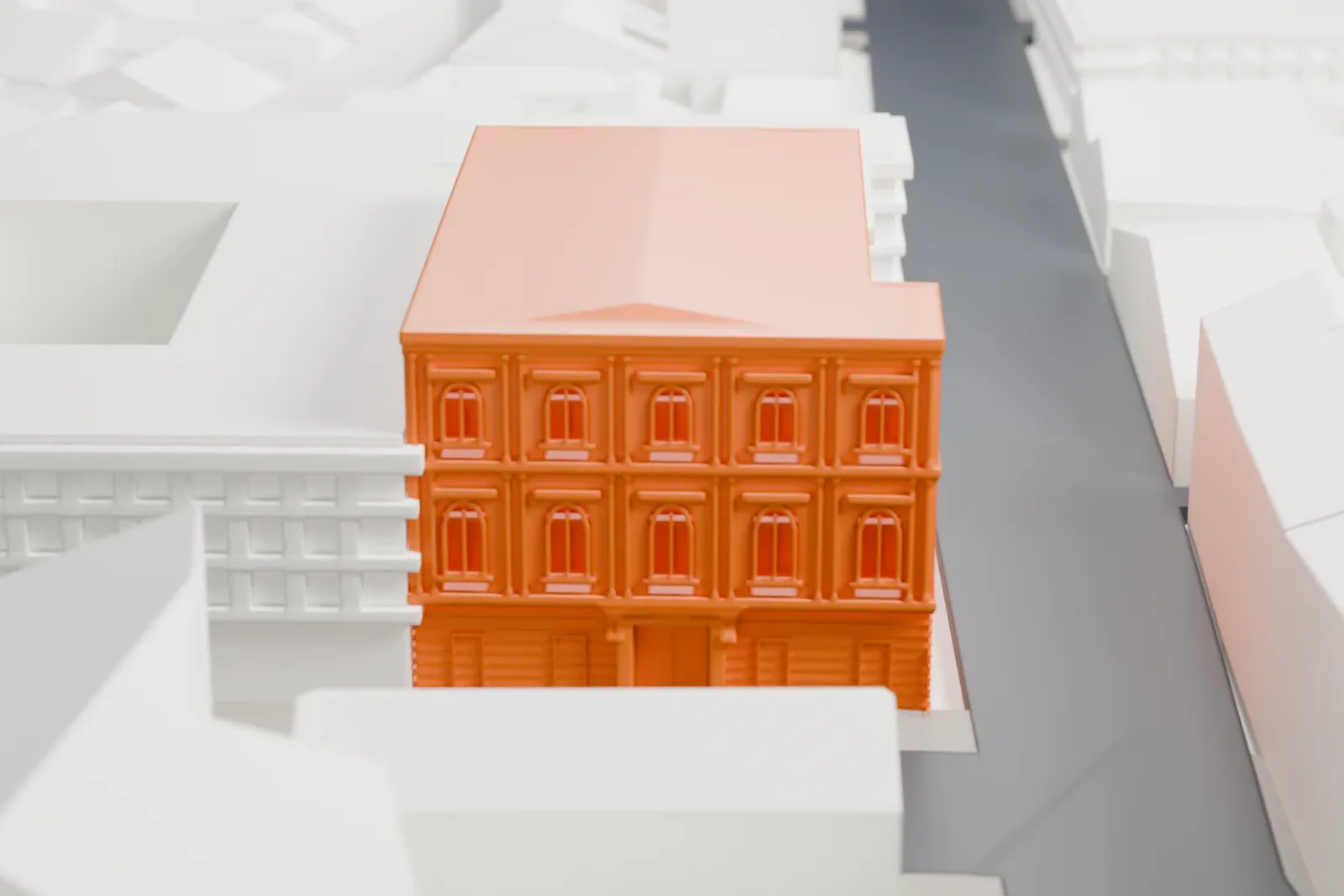 A white 3D print of San Lorenzo in Damaso among the surrounding streets and buildings.