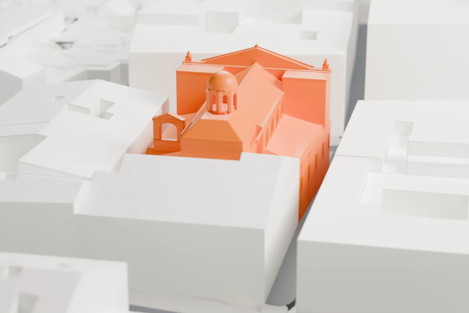 A white 3D print of San Luigi dei Francesi, a church front with statues across it and a doorway below, standing among the surrounding streets and buildings of Rome.