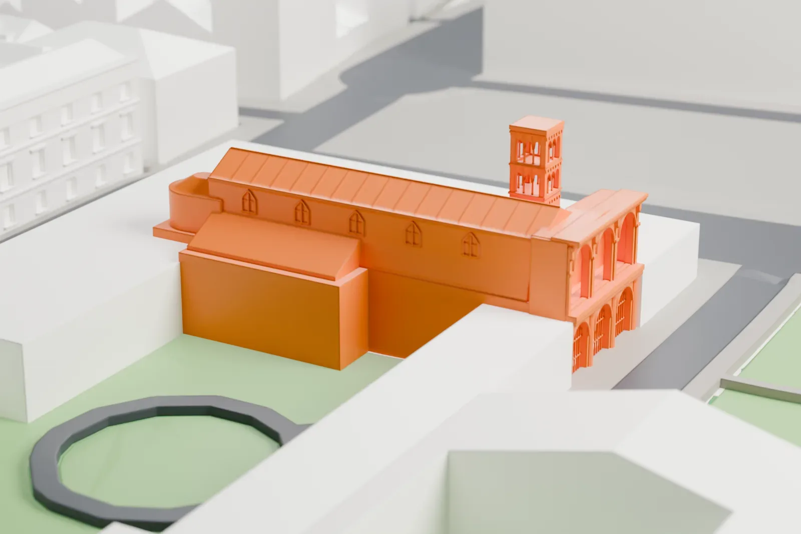 A white 3D print of the basilica of San Marco Evangelista al Campidoglio among the surrounding buildings of Rome.