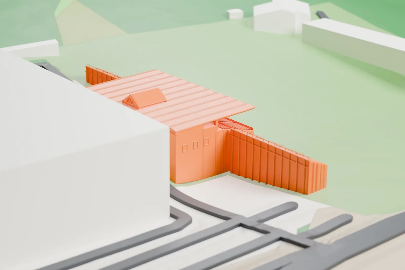 A white 3D print of the San Marino Stadium's covered west stand, its folded roof and small gabled pavilion above open seating wings on either side, among the surrounding buildings and streets.