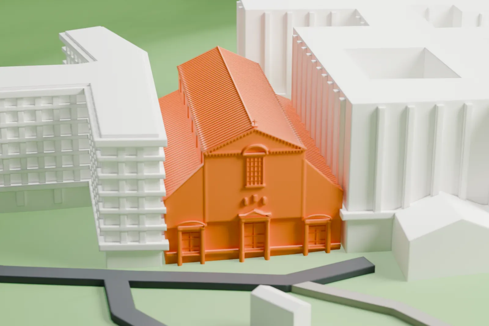 A white 3D print of San Pancrazio among the surrounding streets and buildings.