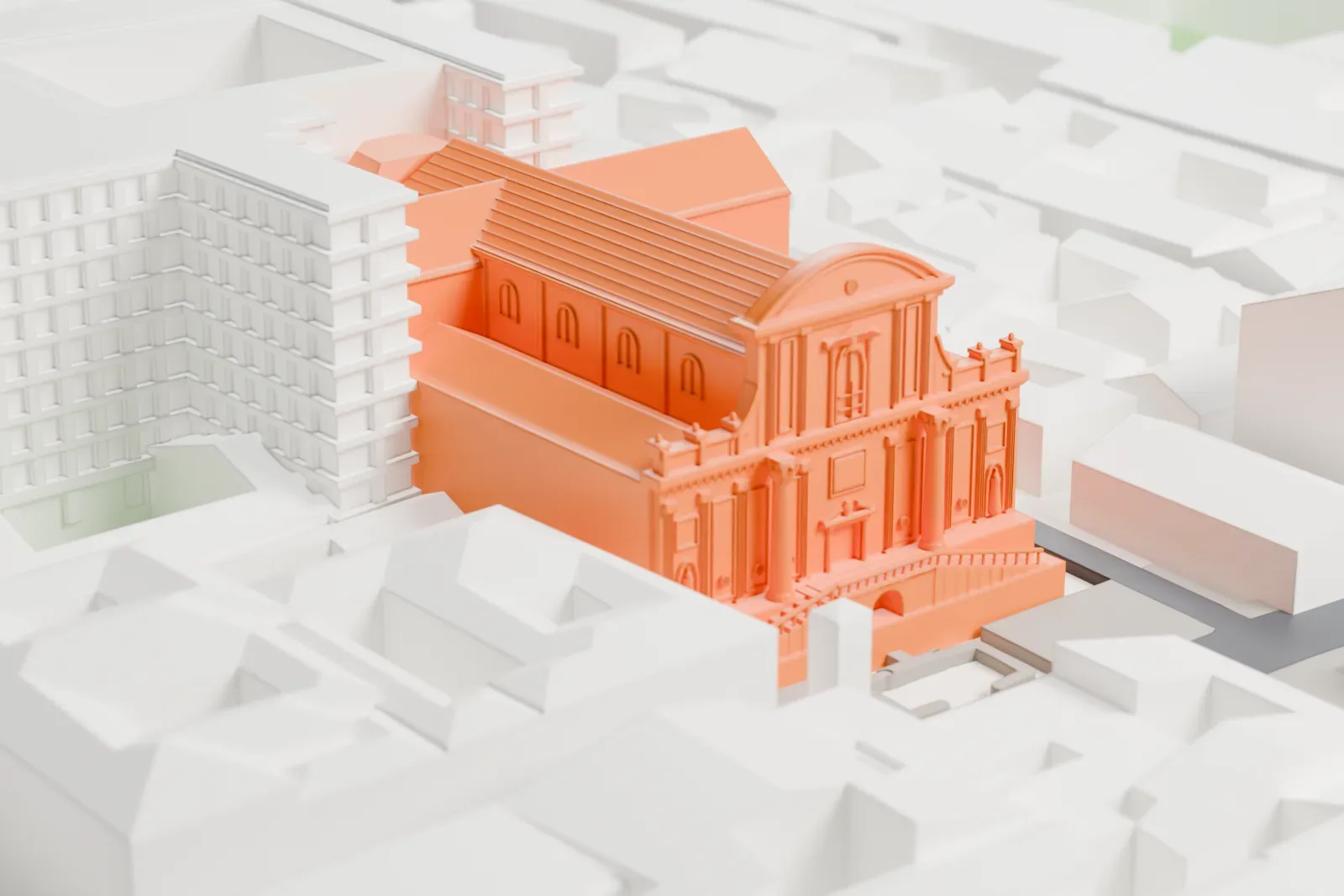 A white 3D print of San Paolo Maggiore, a Baroque church, among the surrounding streets and buildings of Naples.