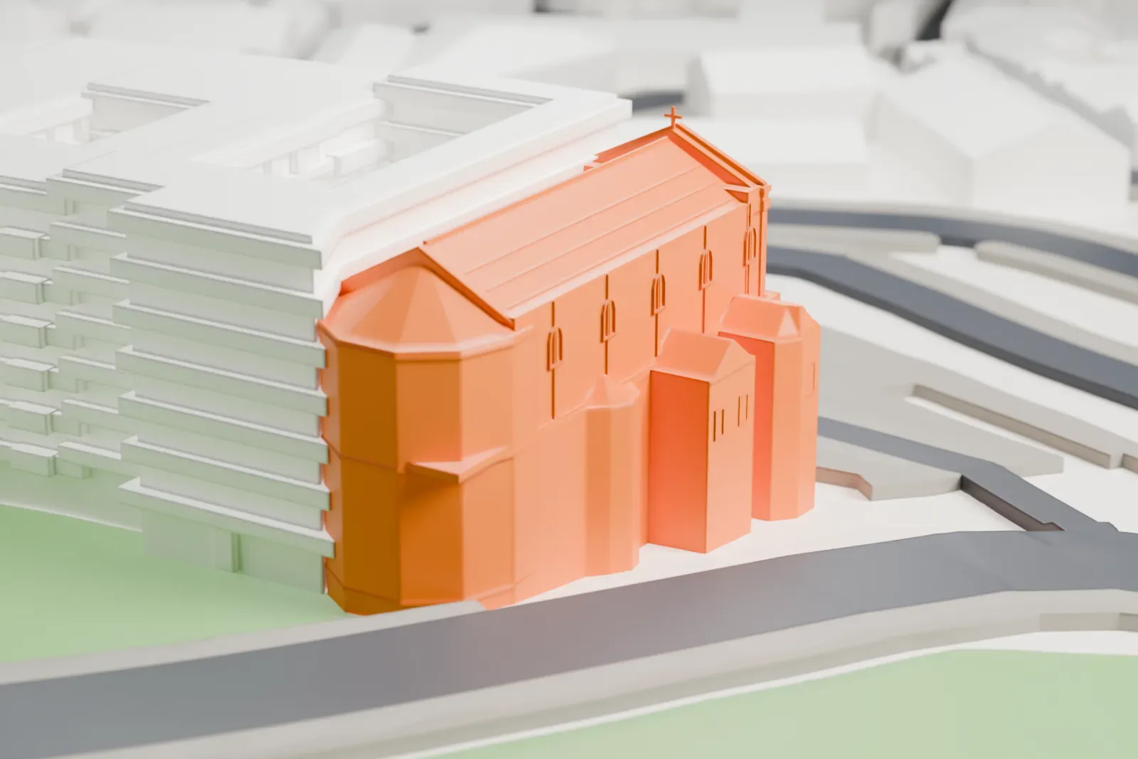 A white 3D print of San Pietro in Montorio, a church in Rome, set among the surrounding streets and buildings.