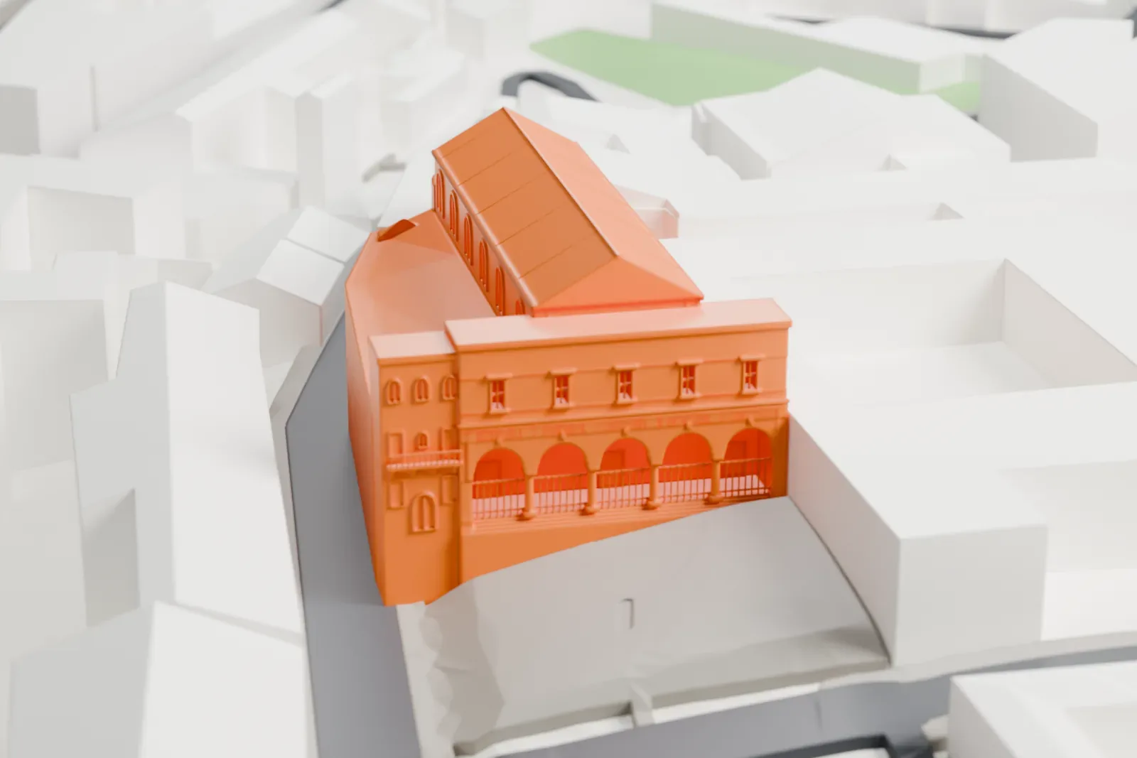 A white 3D print of San Pietro in Vincoli, a church among the surrounding streets and buildings of Rome.