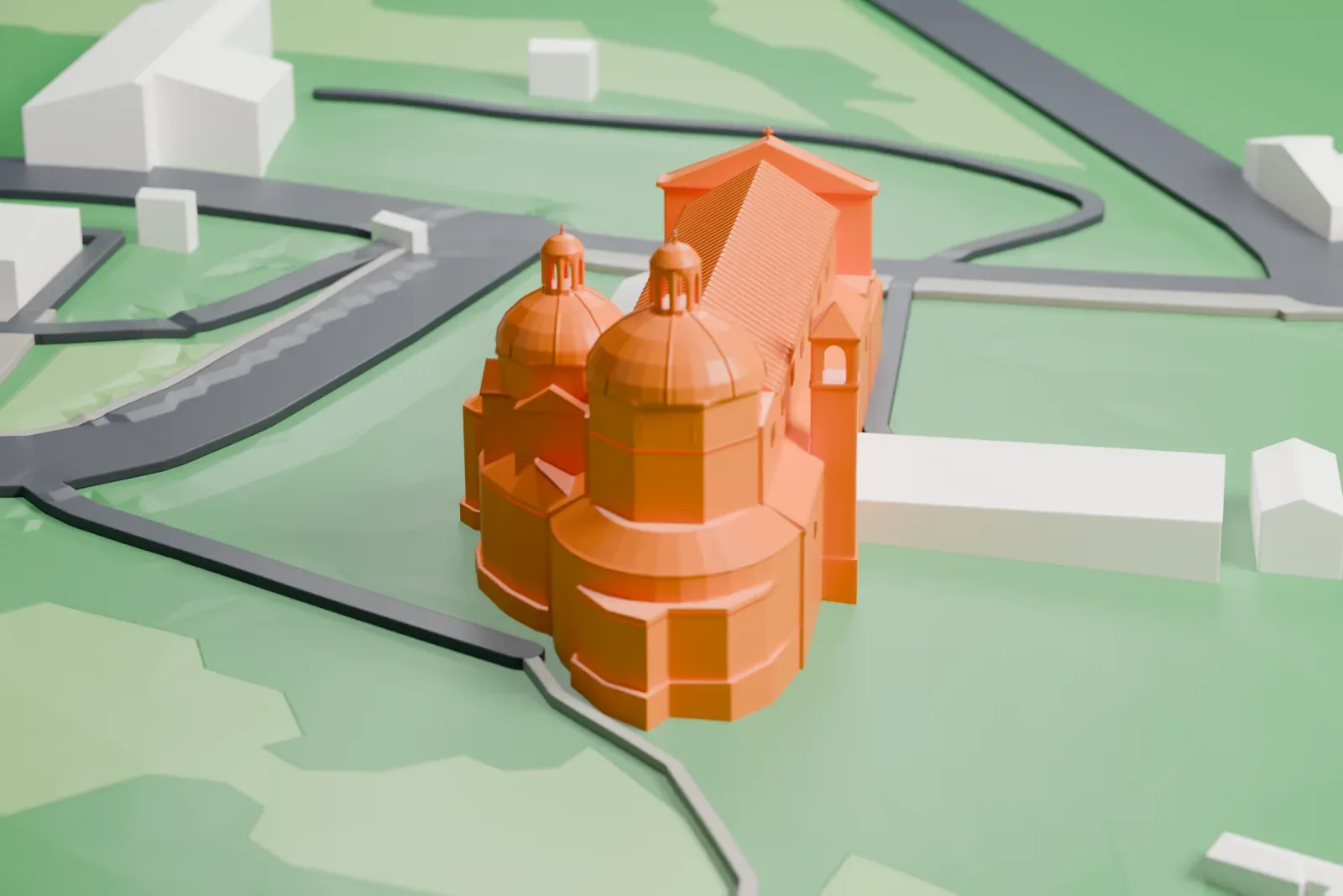 A white 3D print of San Sebastiano fuori le mura among surrounding streets and buildings.