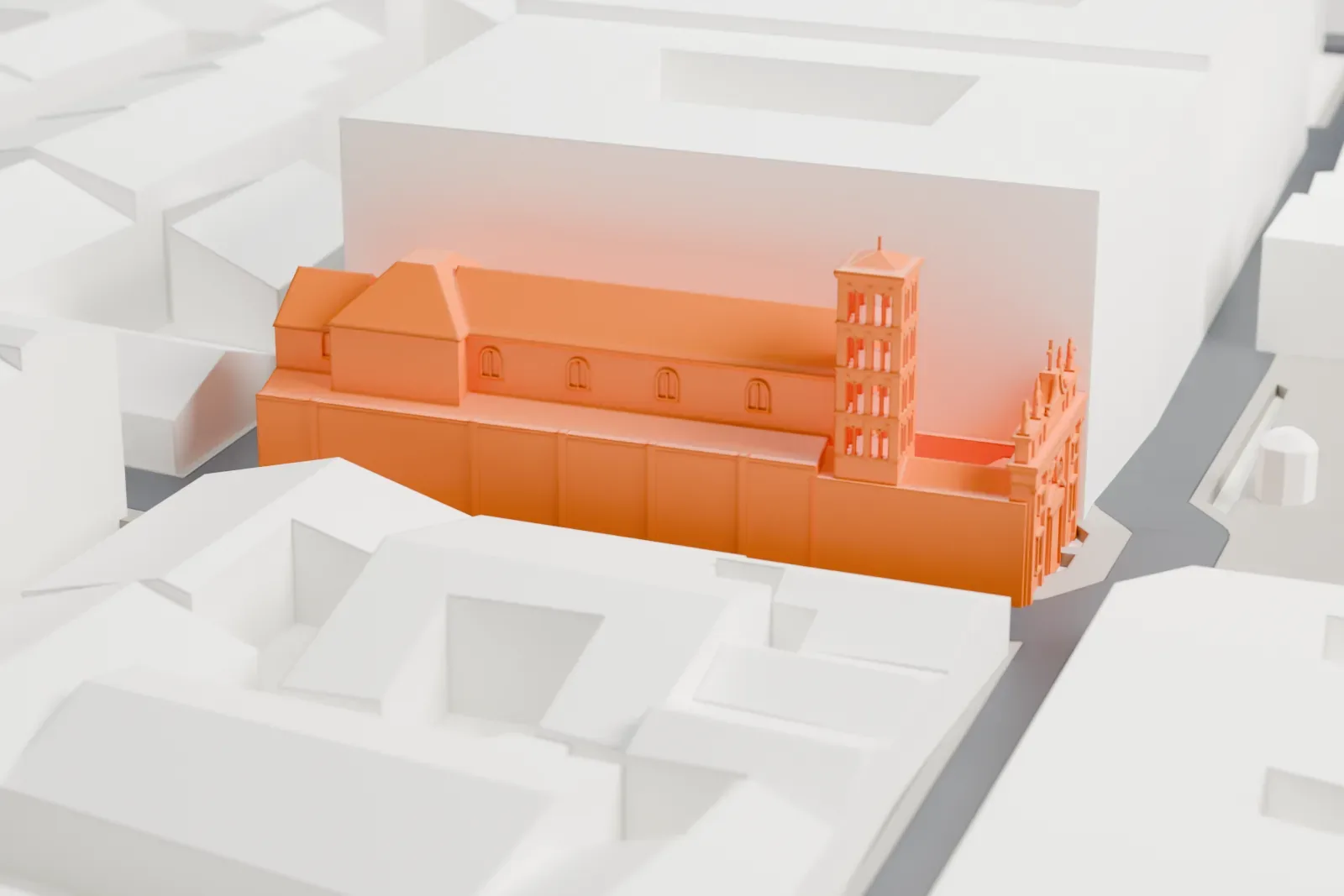 A white 3D print of San Silvestro in Capite, a basilica with a baroque façade, standing among the surrounding streets and buildings of central Rome.