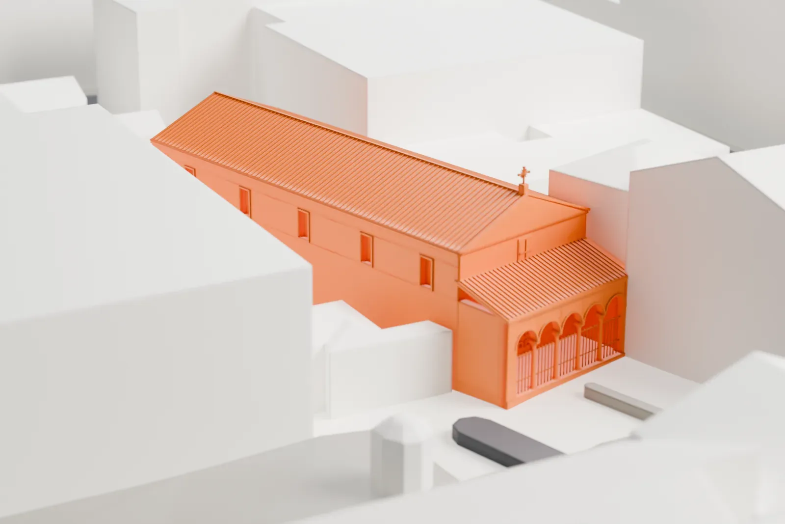A white 3D print of the basilica of San Vitale among the streets and buildings of central Rome.
