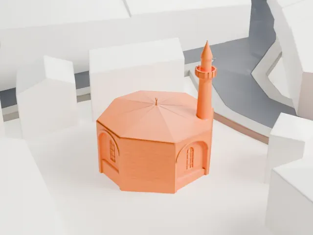 Sancaktar Hayrettin Mosque model, East view