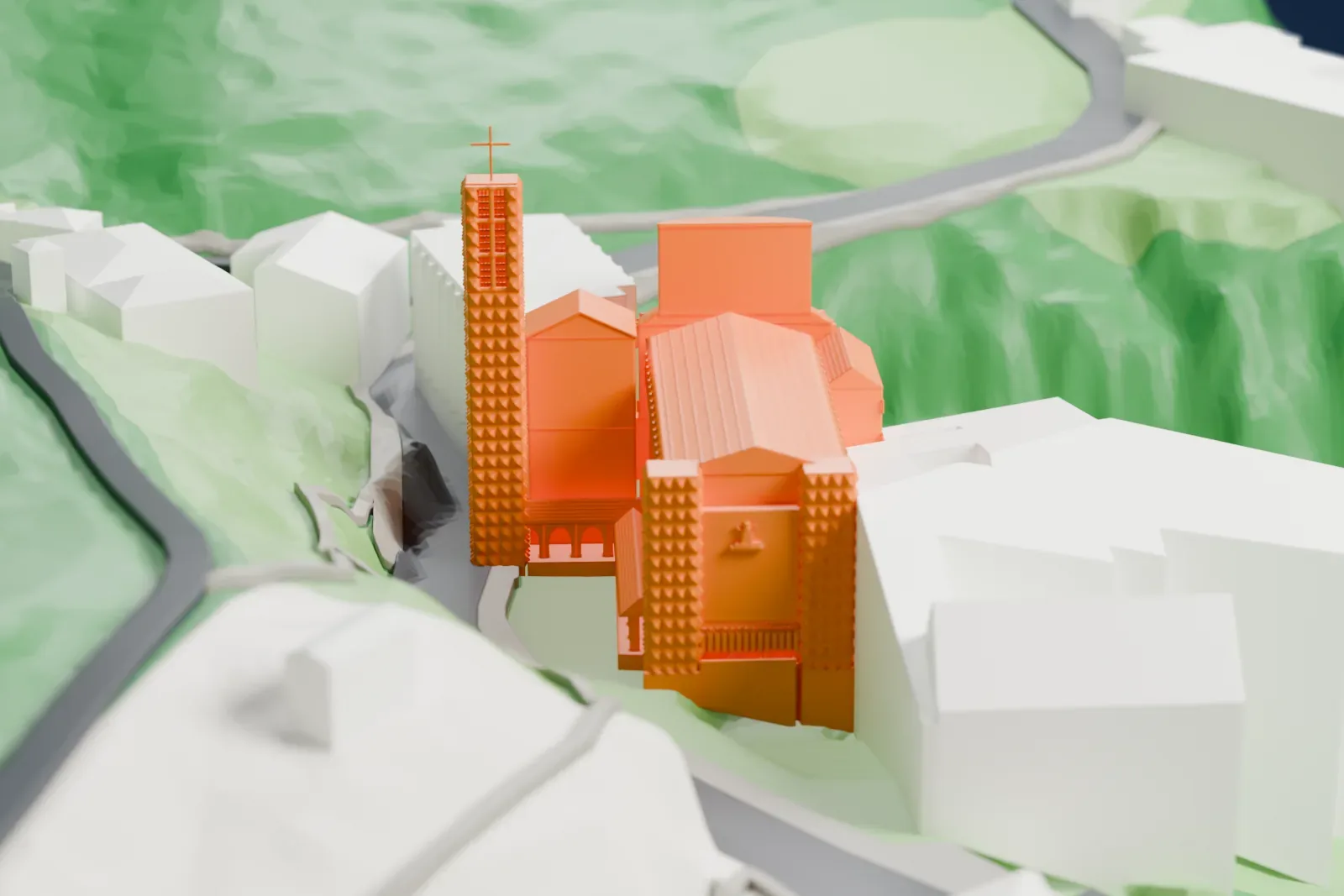A white 3D print of the Sanctuary of Arantzazu, its thorn-clad bell tower and rounded apse on a hillside among surrounding buildings.