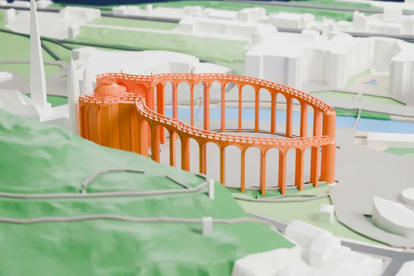 A white 3D print of the Sanctuary of Our Lady, Lourdes, with its lower basilica, dome, and curved ramps around an open forecourt.