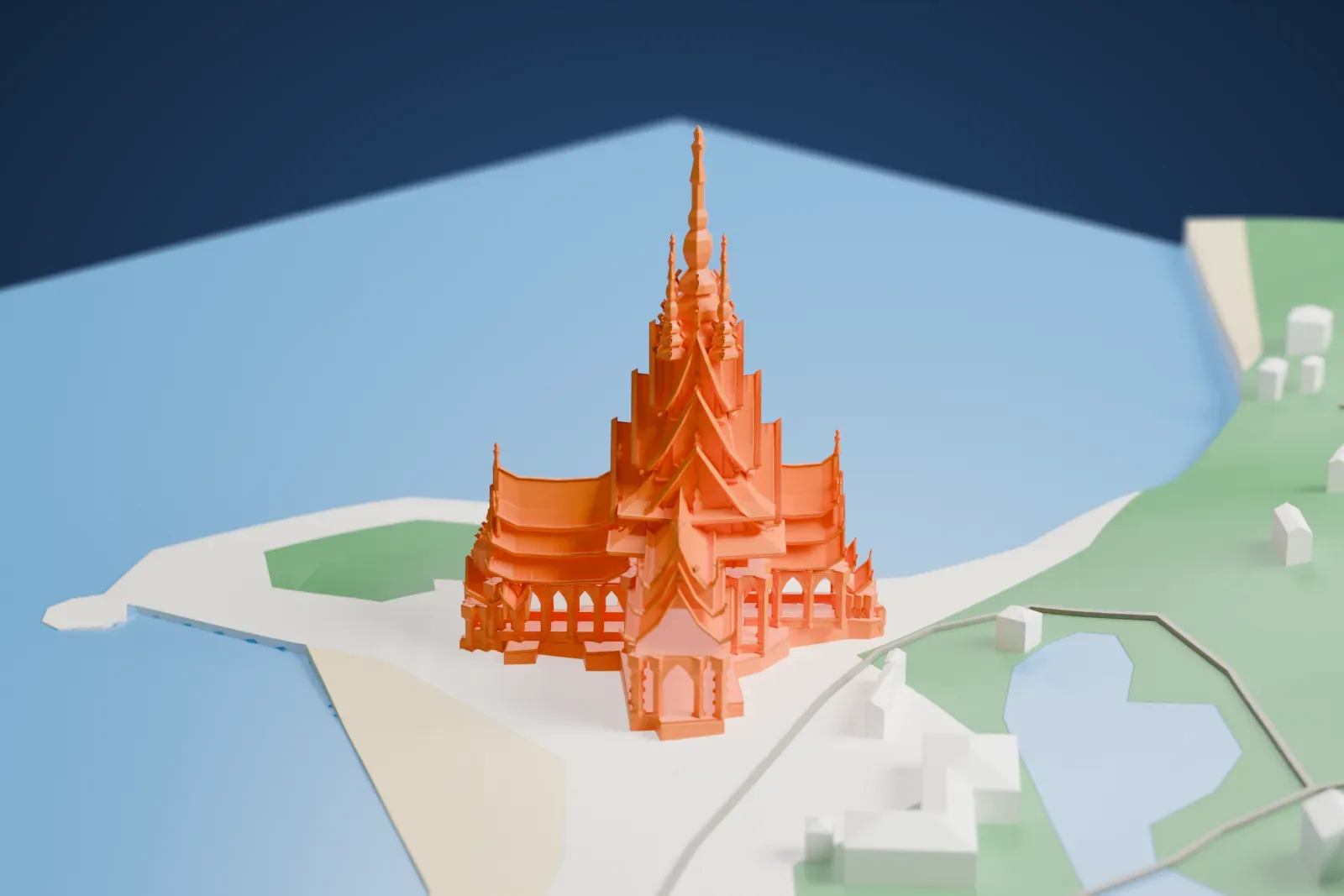 A white 3D print of the Sanctuary of Truth in Pattaya, shown in its surroundings.