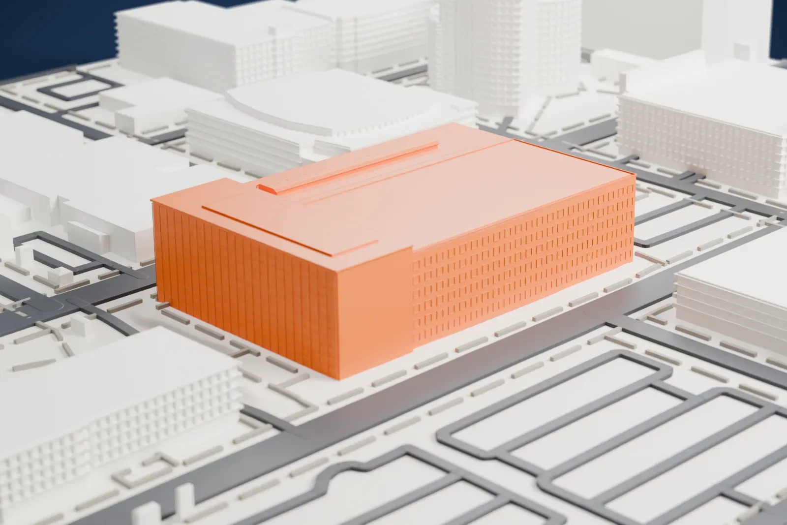 A white 3D print of the Sandra Day O'Connor United States Courthouse, a large flat-roofed block with grids of window openings, set among streets and other buildings.