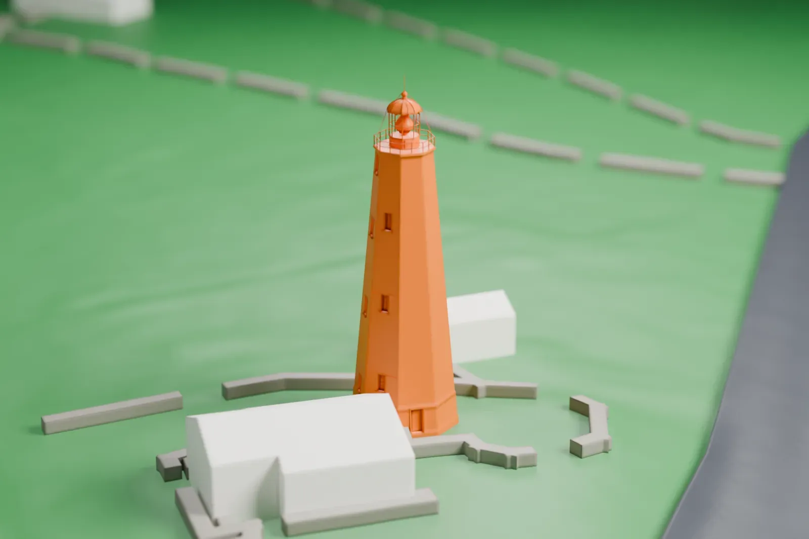 A white 3D print of Sandy Hook Light, a tall tapering tower with a lantern on top, standing on a lawn beside roads and a few small buildings.