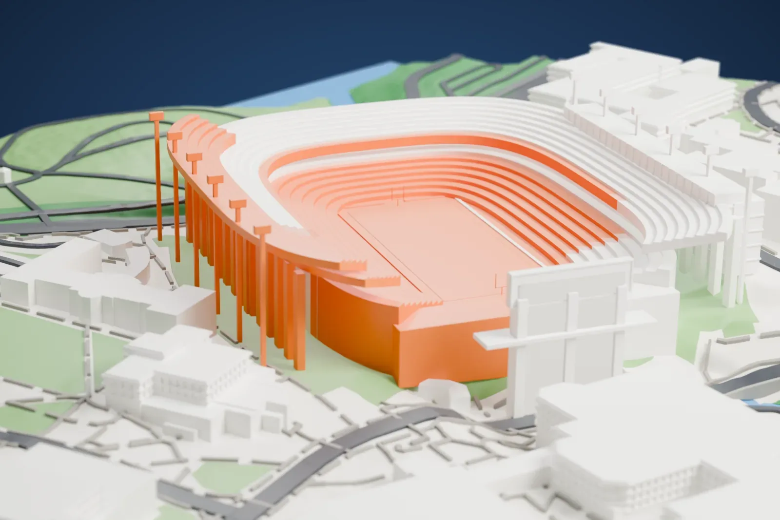 A white 3D print of Sanford Stadium, a horseshoe-shaped football stadium with many stepped rows of seating and slim outer columns, among buildings, roads and green slopes.