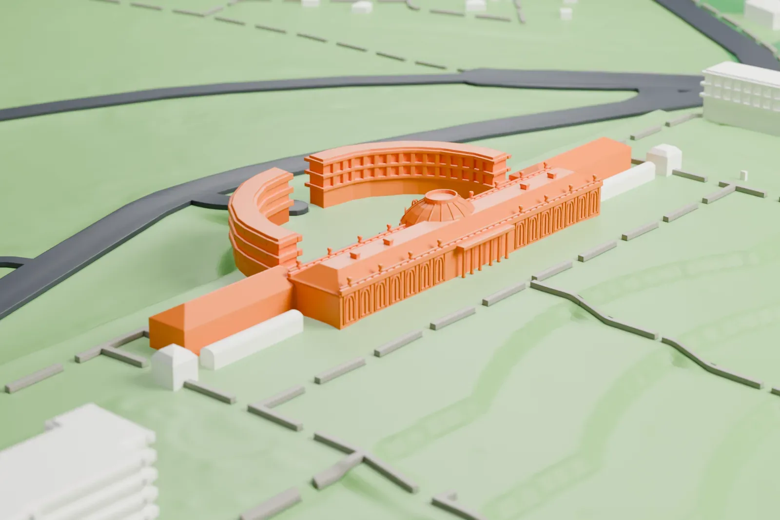 A white 3D print of Sanssouci Palace, a long, low building with a central dome and a row of arched windows, standing on green parkland crossed by garden paths.