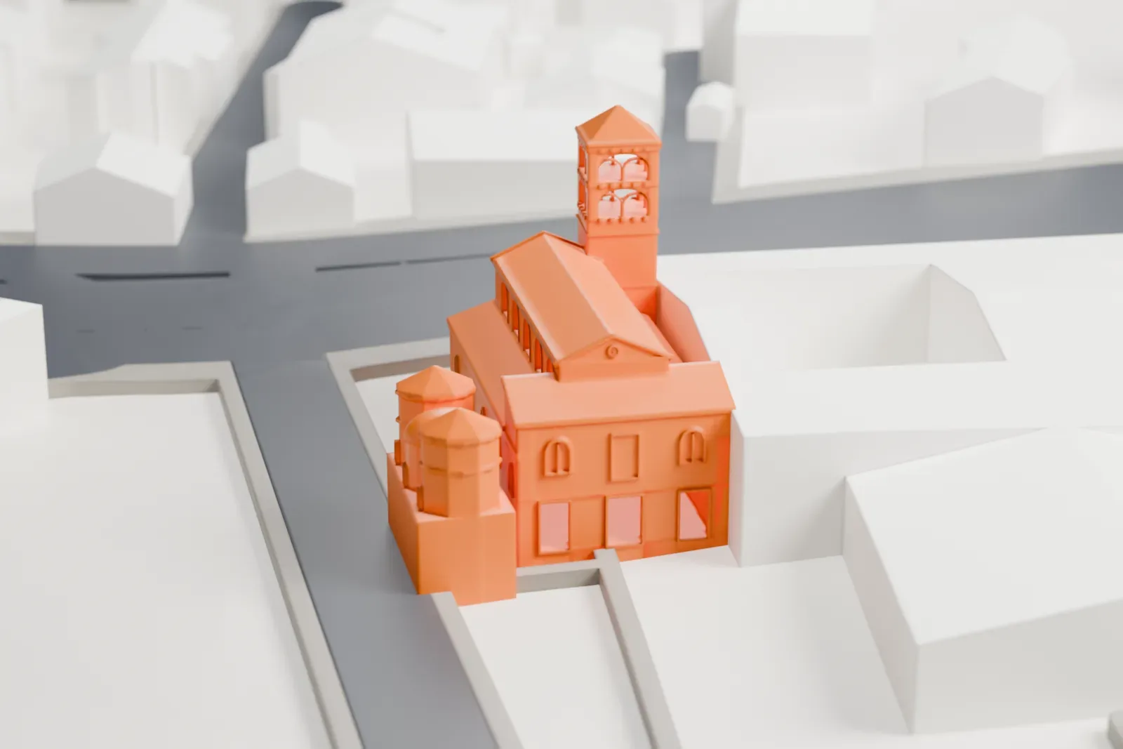 A white 3D print of Sant'Agnese fuori le mura, a long basilica on its sloping site, with surrounding buildings and streets in Rome.
