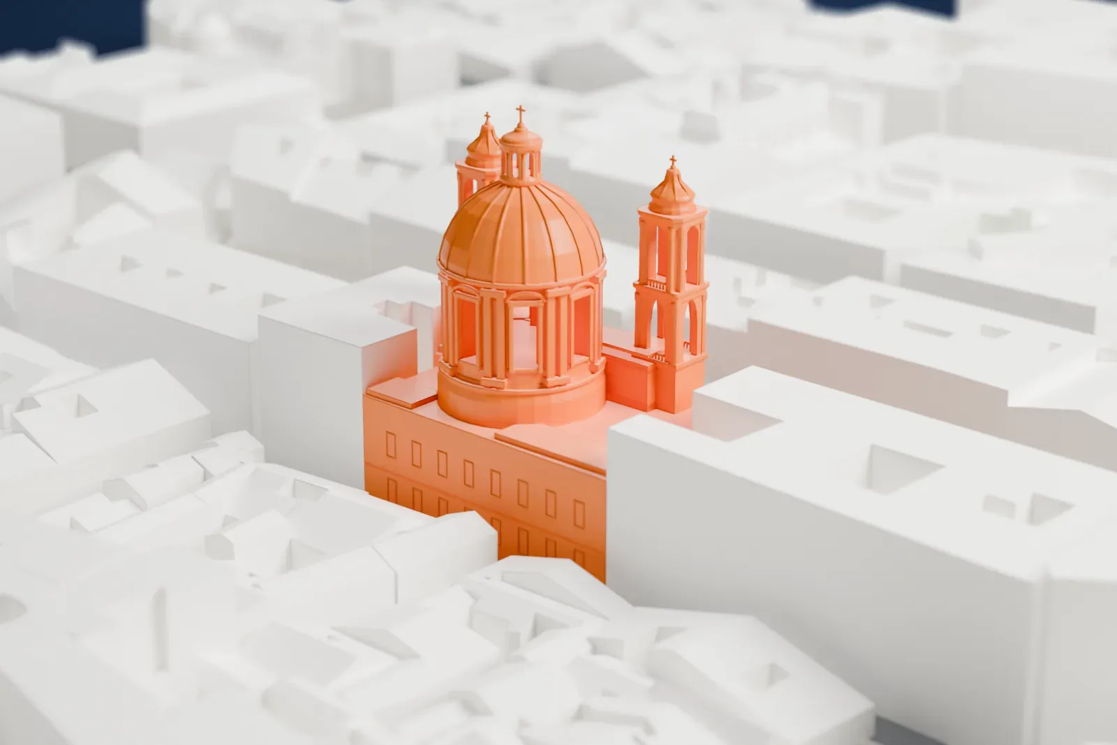 A white 3D print of Sant'Agnese in Agone, a domed church with two flanking towers, standing on the Piazza Navona among surrounding buildings.