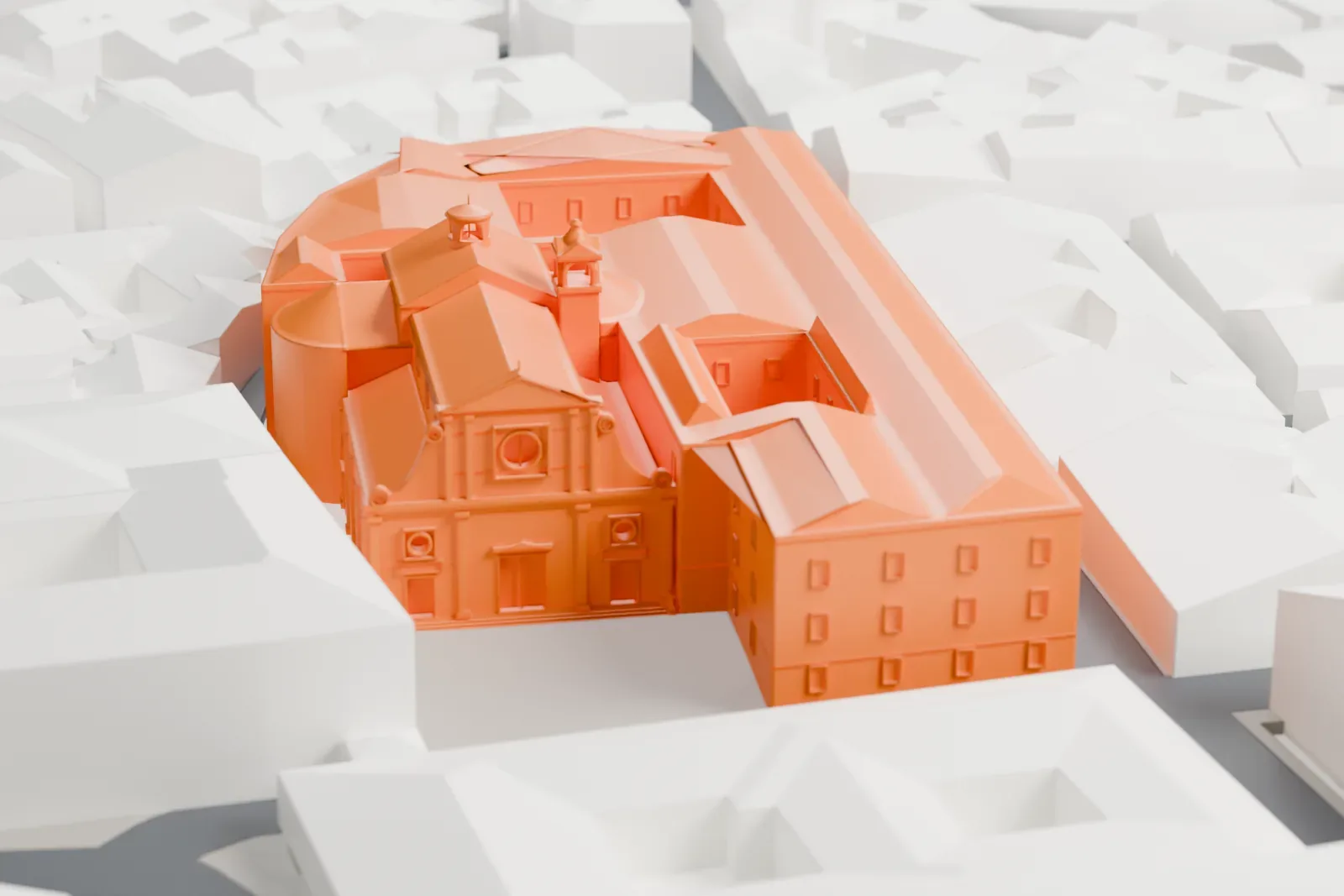 A white 3D print of Sant'Agostino in Rome, standing among the surrounding streets and buildings.
