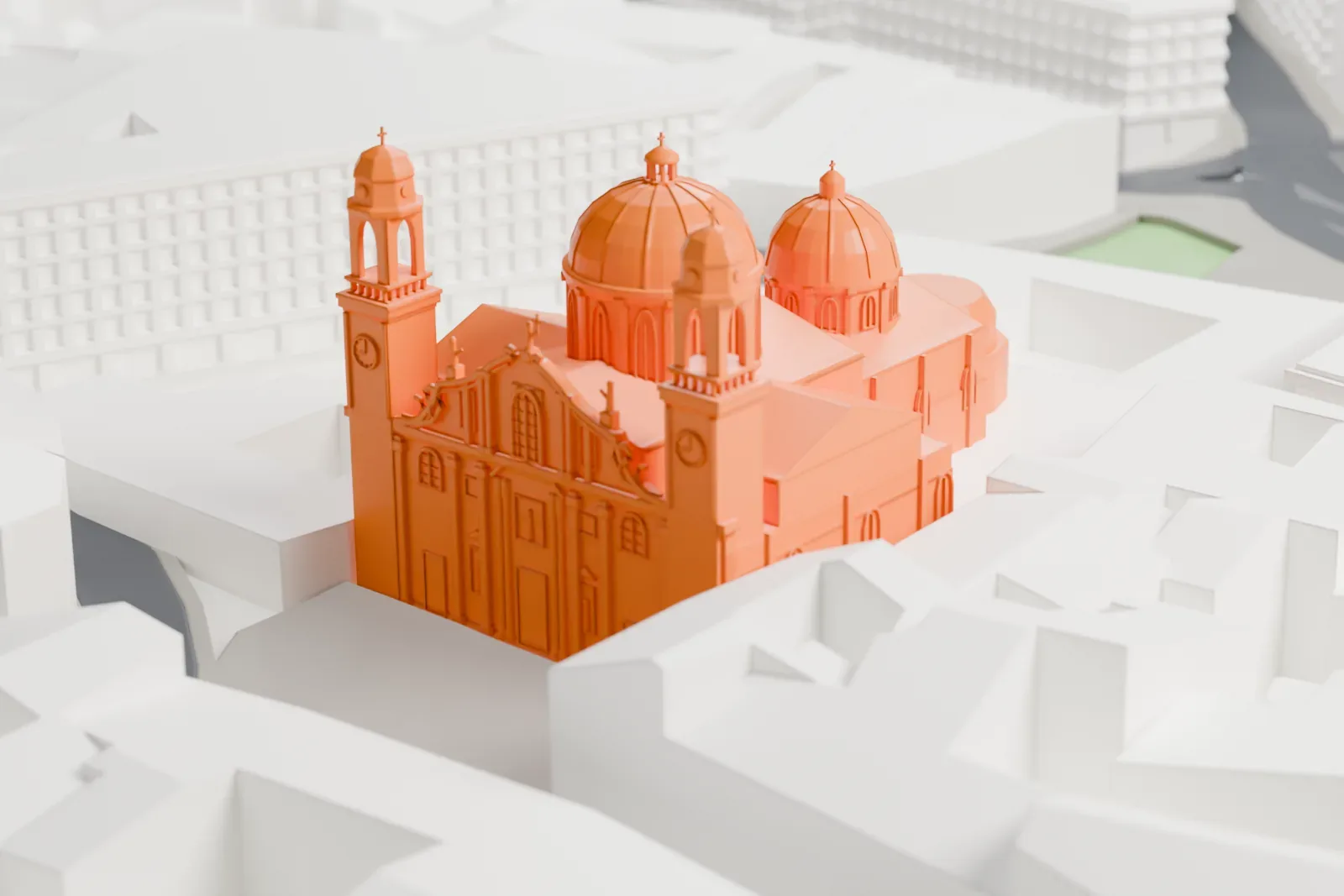 A white 3D print of Sant'Alessandro in Zebedia among the surrounding streets and buildings.