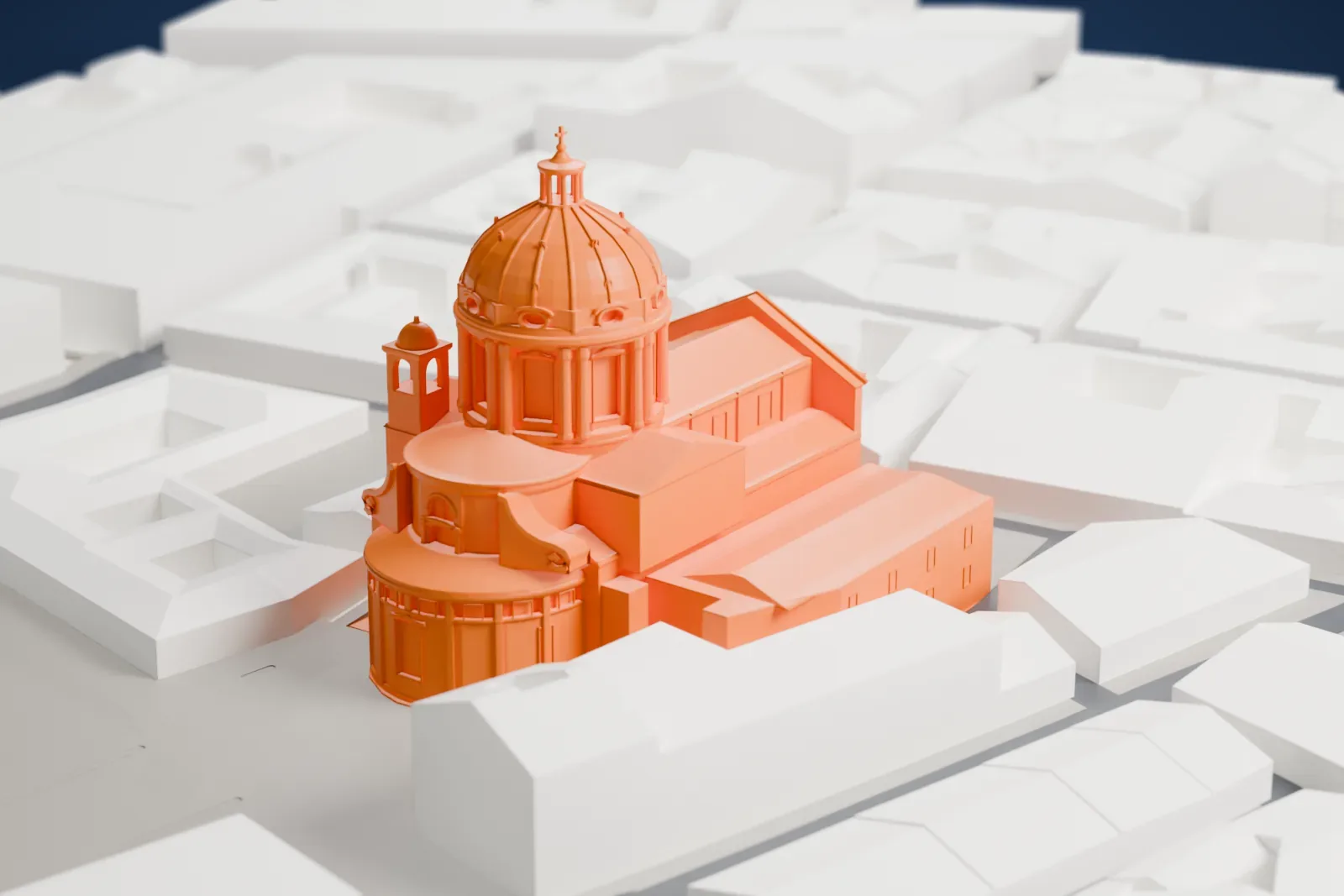 A white 3D print of Sant'Ambrogio e Carlo al Corso, a domed basilica standing among the streets and buildings of central Rome.
