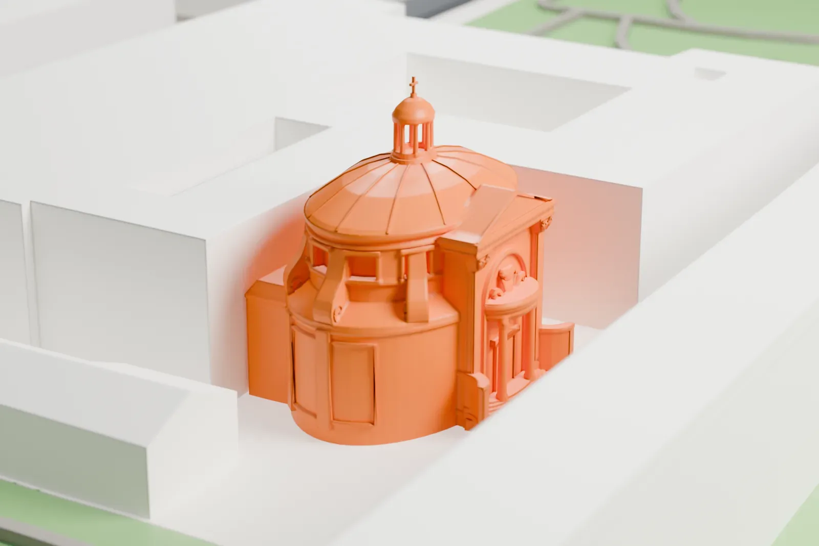 A white 3D print of Sant'Andrea al Quirinale, a domed Baroque church, among the surrounding streets and buildings of Rome.