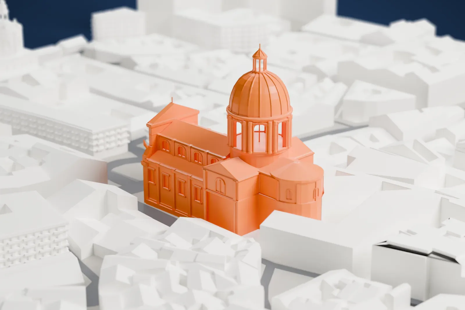 A white 3D print of Sant'Andrea della Valle among the surrounding streets and buildings.