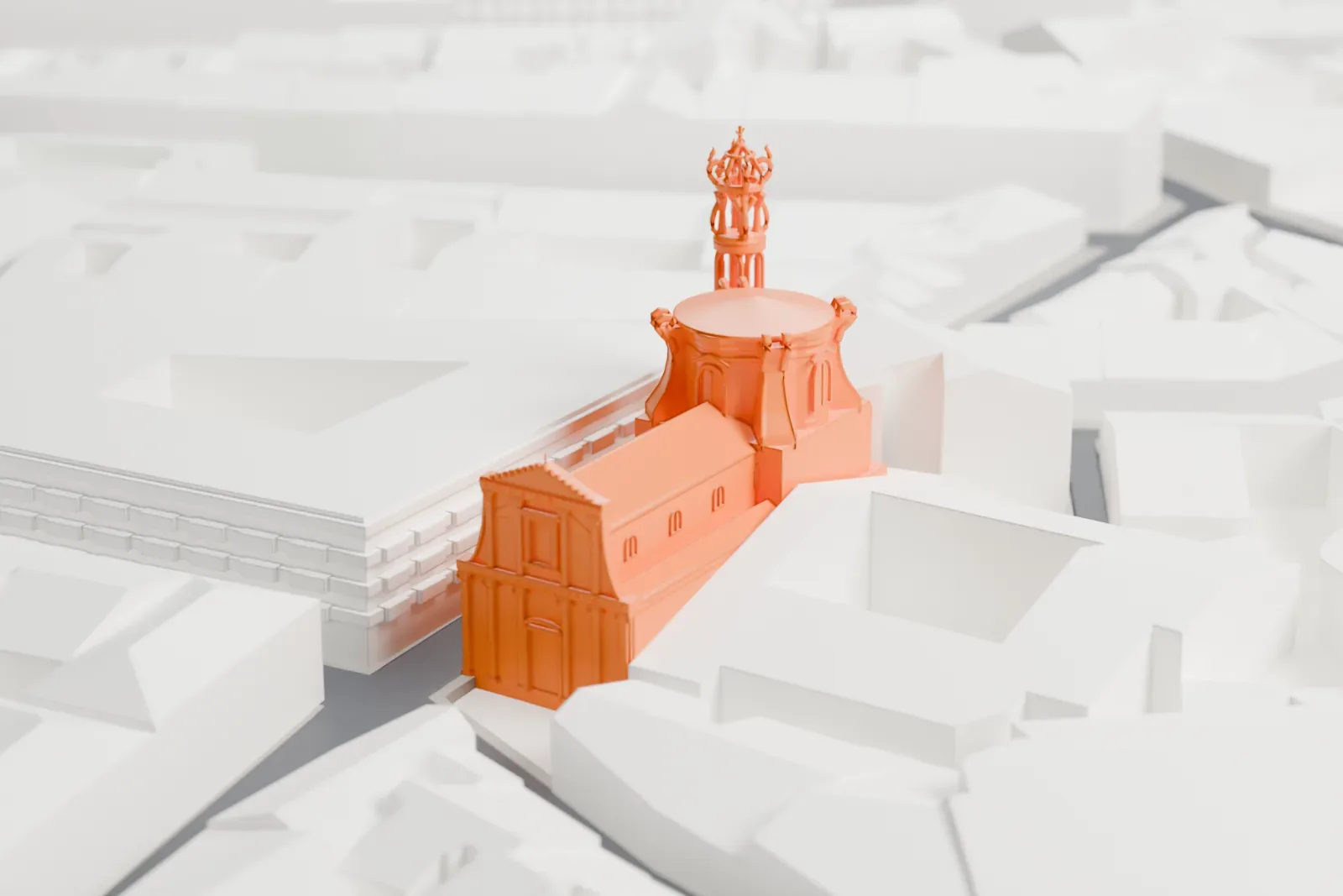 A white 3D print of Sant'Andrea delle Fratte with the surrounding streets and buildings.