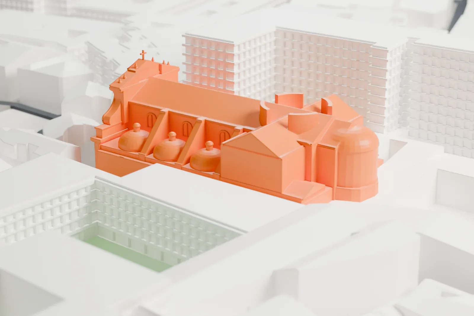 A white 3D print of Sant'Ignazio in Rome, with the surrounding streets and buildings.