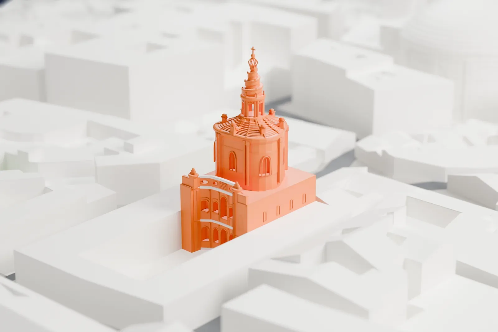 A white 3D print of Sant'Ivo alla Sapienza, a Baroque church with a dome and spiral lantern, set among the surrounding courtyard walls and city buildings of Rome.