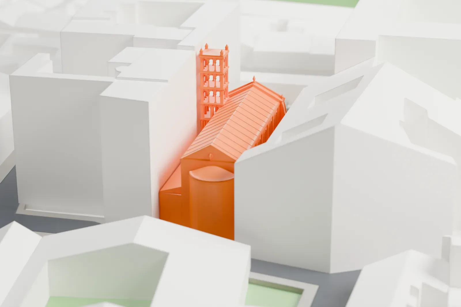 A white 3D print of Santa Cecilia in Trastevere, a basilica with a courtyard front, among the surrounding streets and buildings of Rome.