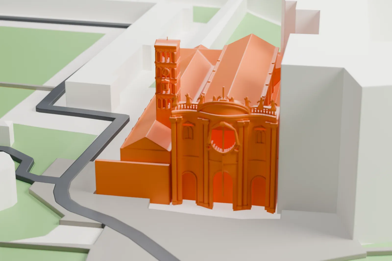 A white 3D print of Santa Croce in Gerusalemme, a long church block, standing among the surrounding streets and buildings of Rome.