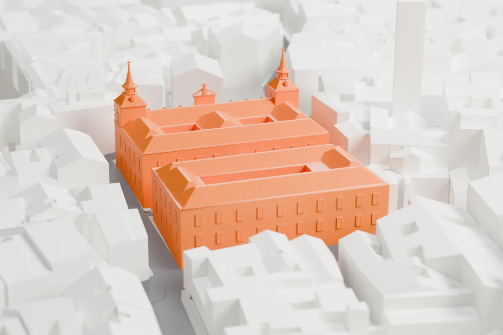 A white 3D print of the Santa Cruz Palace, a wide Baroque palace with two corner towers and long pitched roofs, standing among the streets and buildings of central Madrid.