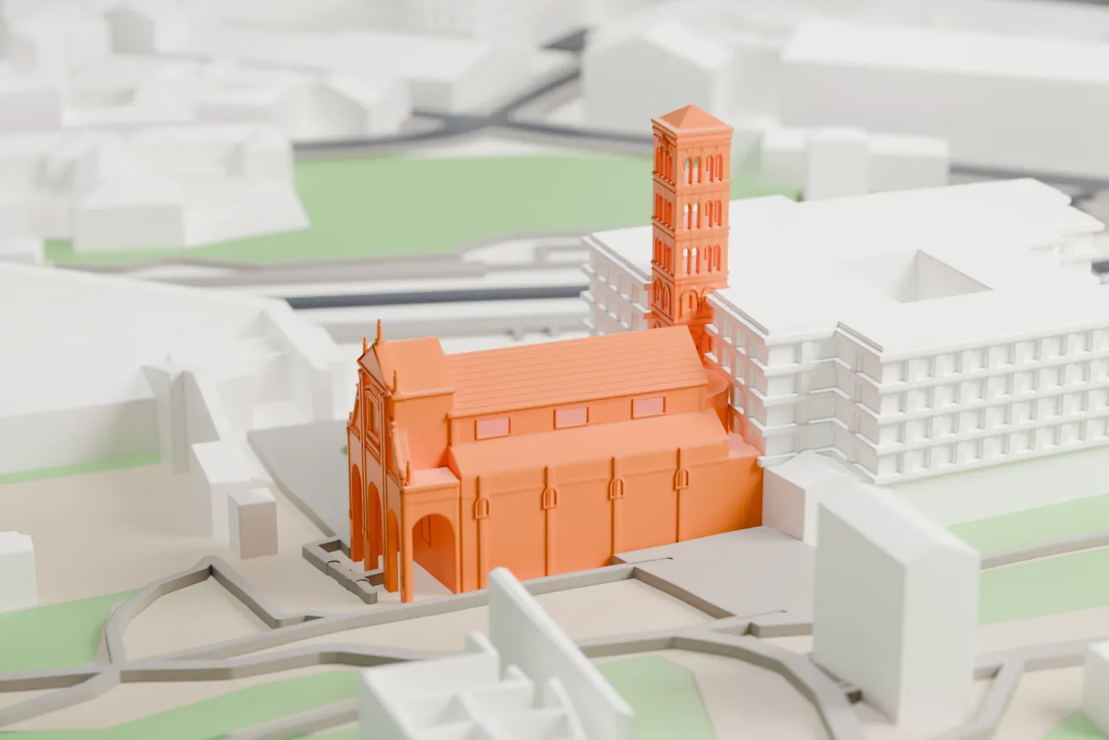 A white 3D print of Santa Francesca Romana, a church with a bell tower, set among the surrounding streets and buildings.