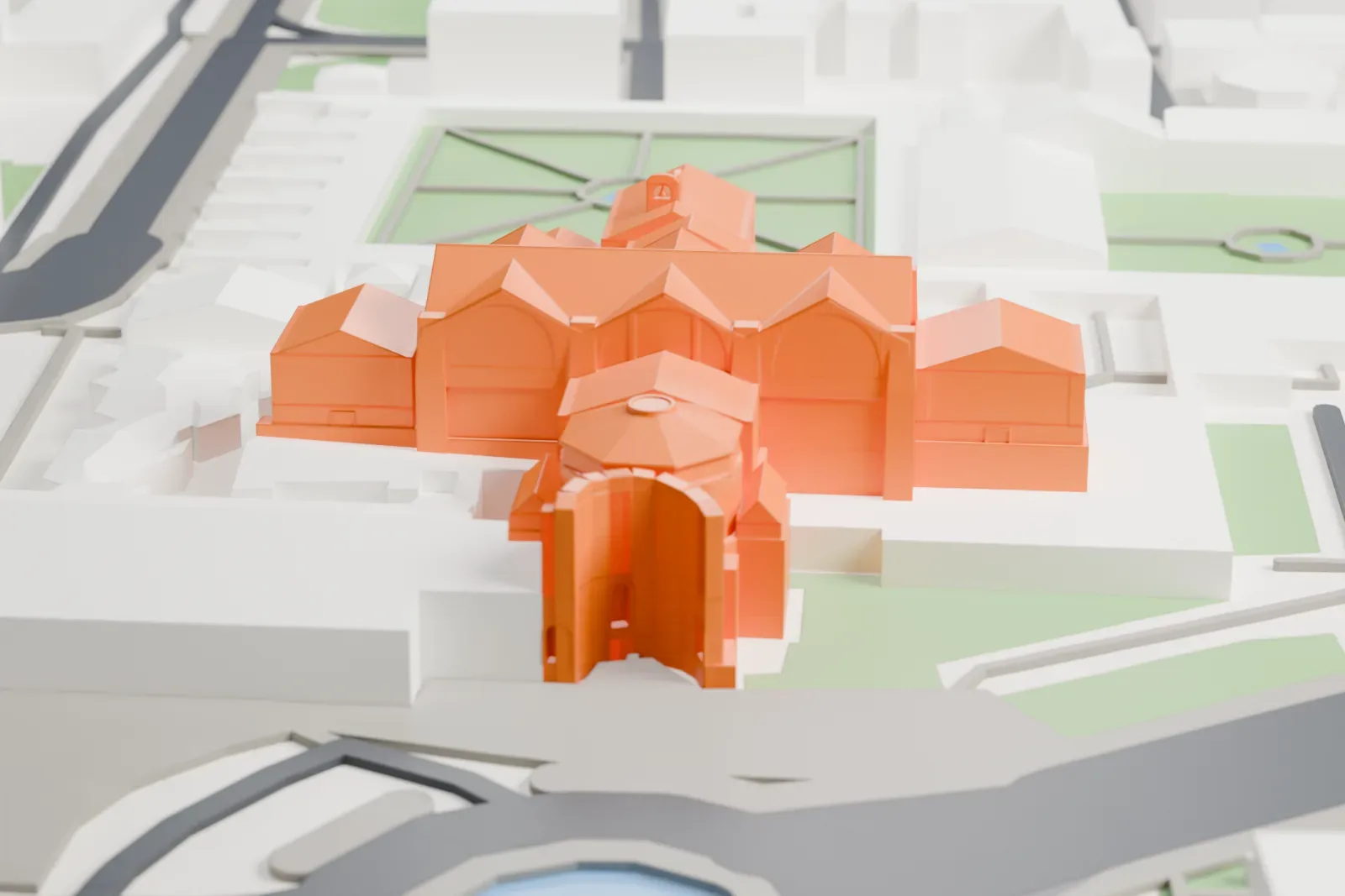 A white 3D print of Santa Maria degli Angeli e dei Martiri, a broad church block, among the surrounding buildings of Rome.
