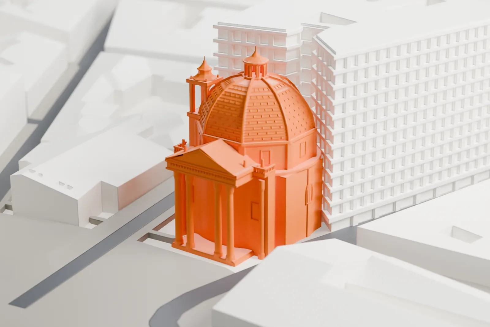 A white 3D print of Santa Maria dei Miracoli in Rome, with the surrounding streets and buildings around it.