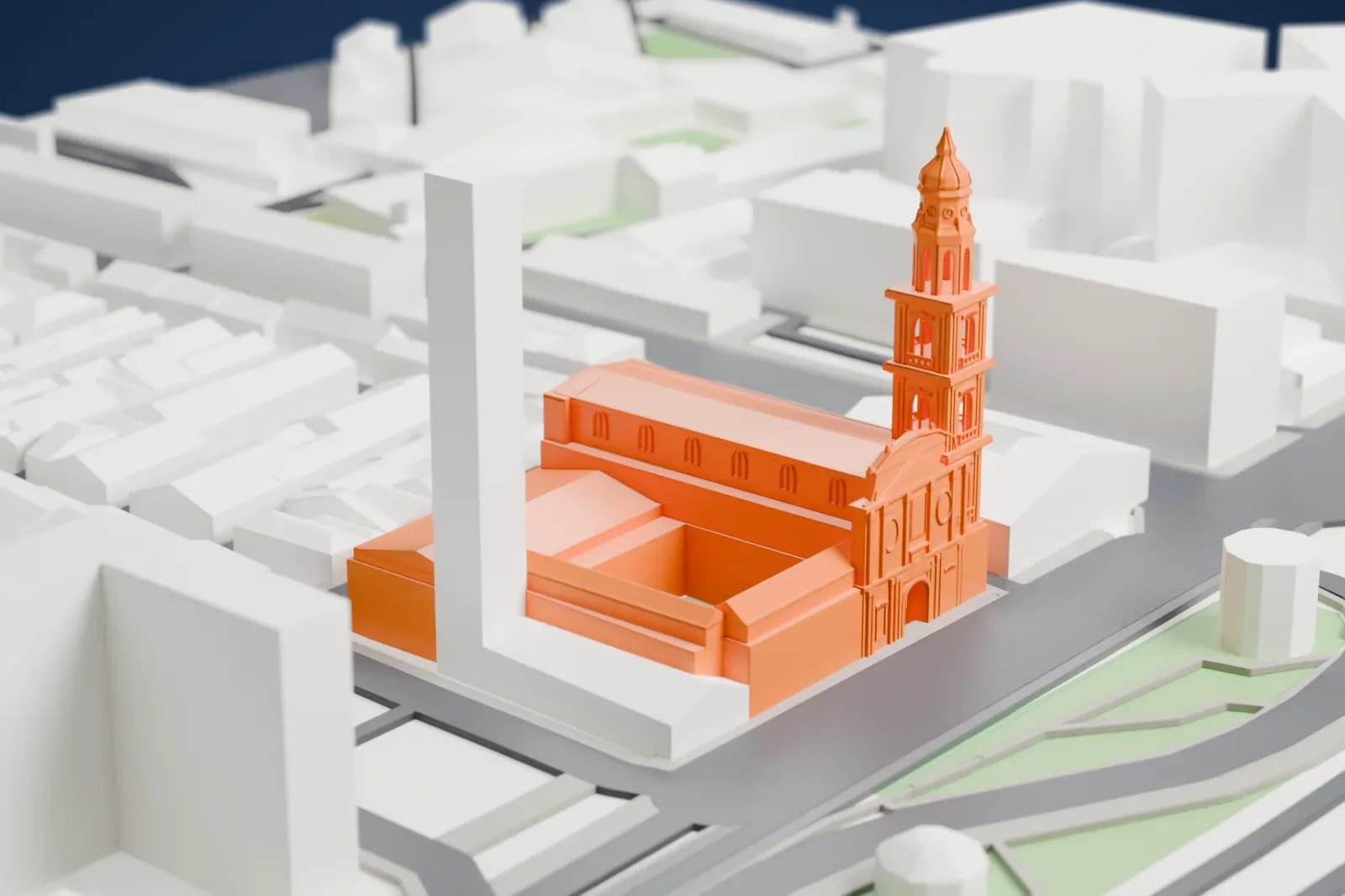 A white 3D print of Santa Maria del Carmine in Naples, standing among surrounding city buildings.