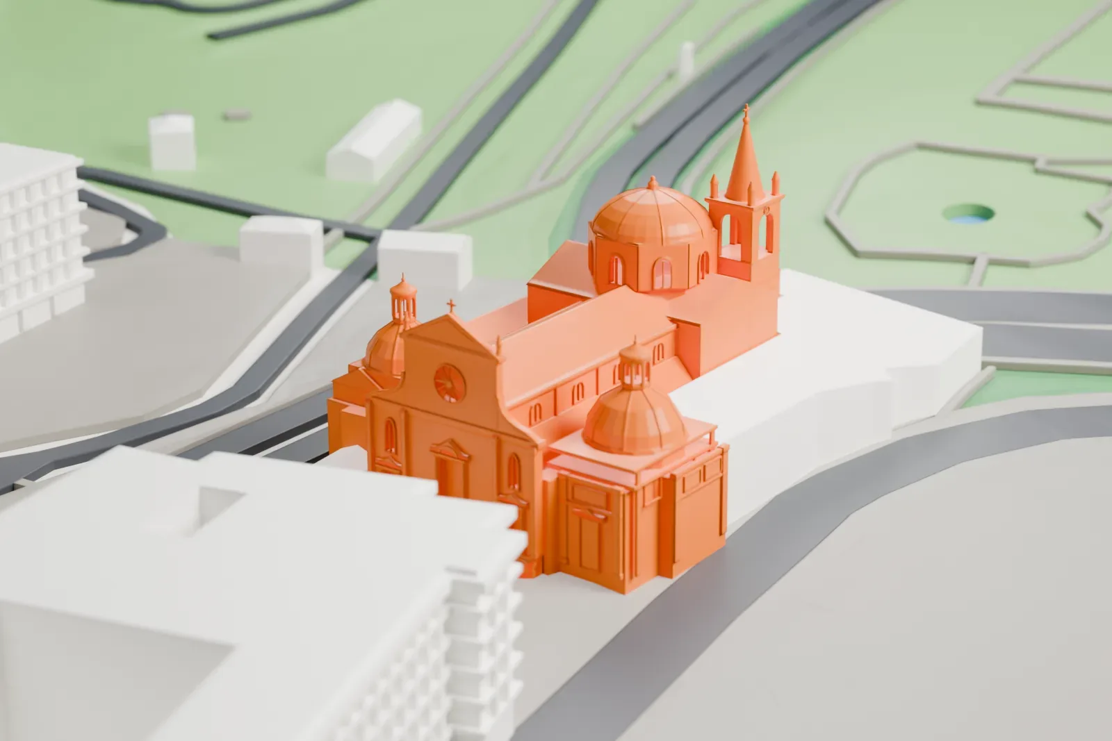 A white 3D print of Santa Maria del Popolo, with the surrounding streets and buildings of Rome around it.