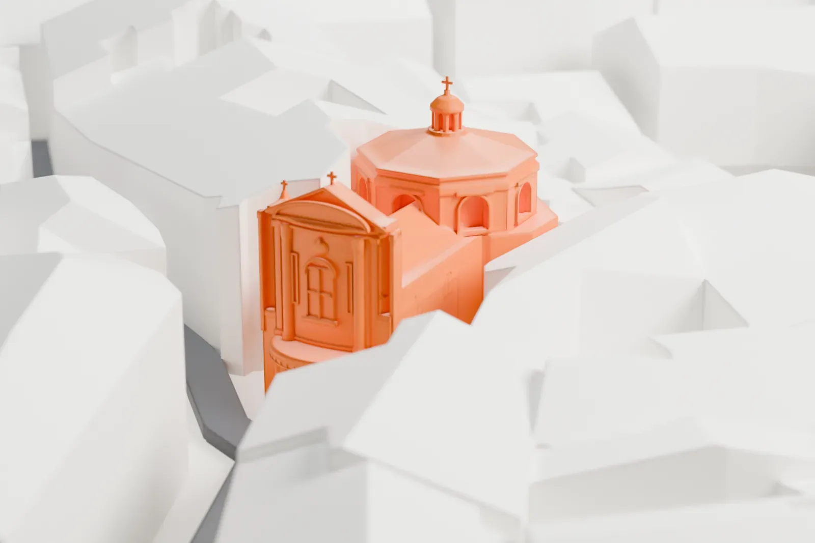 A white 3D print of Santa Maria della Pace, a church, among the surrounding streets and buildings.