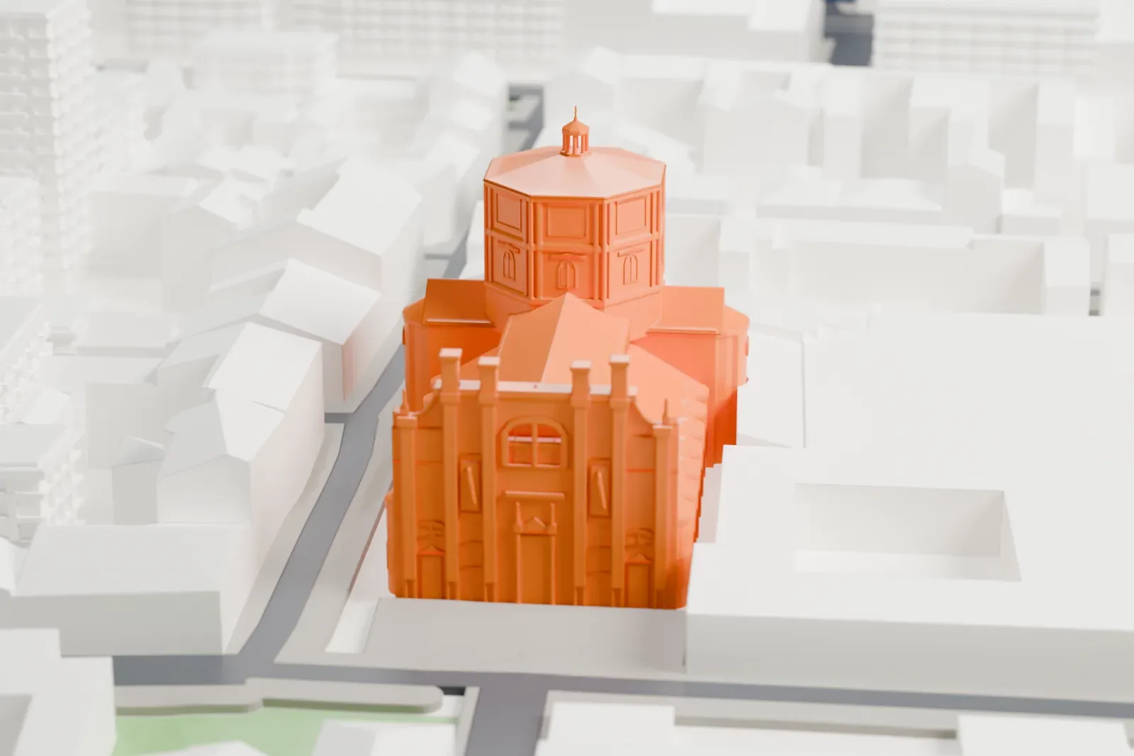 A white 3D print of Santa Maria della Passione with the surrounding streets and buildings.