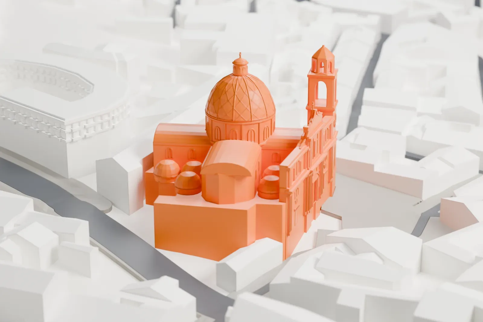 A white 3D print of Santa Maria della Sanità in Naples among the surrounding streets and buildings.