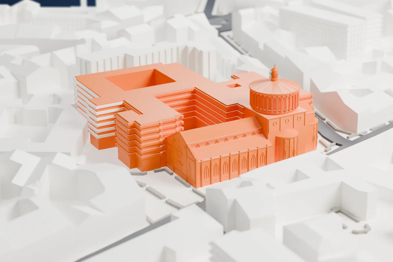 A white 3D print of Santa Maria delle Grazie, a long church with a gabled front wall, a tall round dome with a small lantern and rounded apses, among city buildings and courtyards.