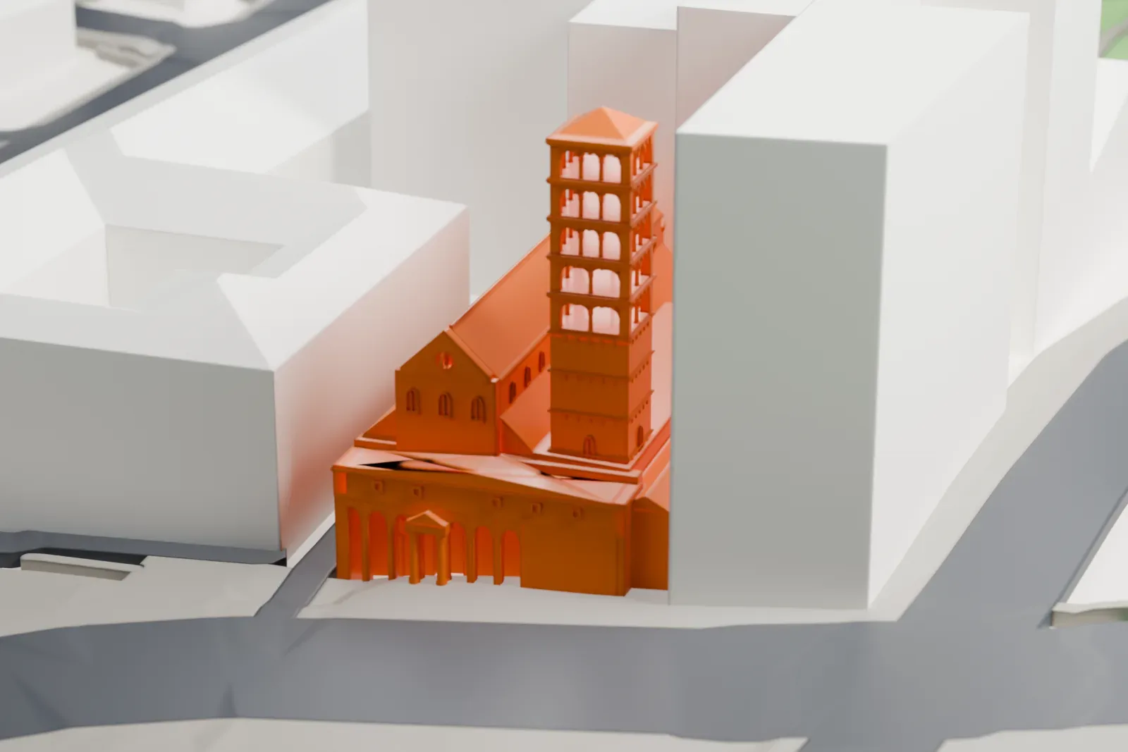 A white 3D print of Santa Maria in Cosmedin standing among the surrounding streets and buildings of Rome.